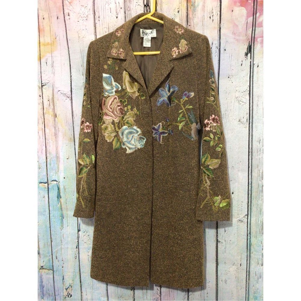 Long Jacket Size 10 Brown Embroidered Tweed Coat PTP 20” - Picture 14 of 14
